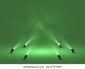 Spotlight Stage Background With Green Lighting and Smoke. Realistic 3D Studio Scene With Beam Effect and Dramatic Light. Vector Illustration.