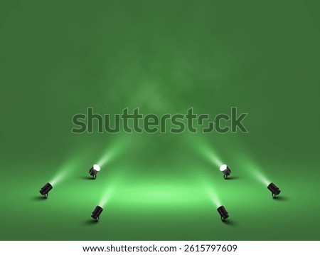 Spotlight Stage Background With Green Lighting and Smoke. Realistic 3D Studio Scene With Beam Effect and Dramatic Light. Vector Illustration.