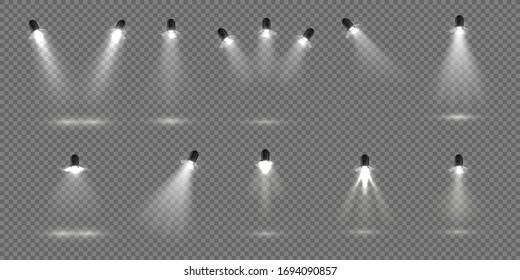 Spotlight for stage. Realistic floodlight set. Illuminated studio spotlights for stage. Vector illustration stage lighting effect for theater or concert backdrop