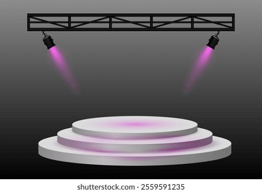 Spotlight stage. White circular platform, angled black stage lights beams, metal truss structure, modern event setup, focused lighting for presentation, theater, or award ceremony, performance scene