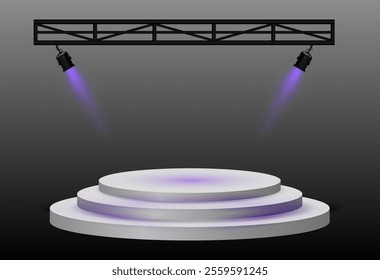 Spotlight stage. White circular platform, angled black stage lights beams, metal truss structure, modern event setup, focused lighting for presentation, theater, or award ceremony, performance scene