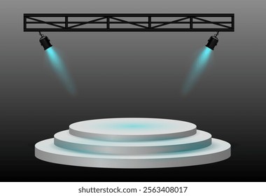 Spotlight stage. White circular platform, angled black stage lights beams, metal truss structure, modern event setup, focused lighting for presentation, theater, or award ceremony, performance scene