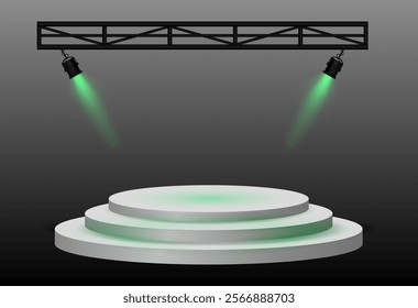 Spotlight stage. White circular platform, angled black stage lights beams, metal truss structure, modern event setup, focused lighting for presentation, theater, or award ceremony, performance scene