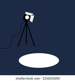 Spotlight and studio light. Dark area is floodlit by bright light from lamp. Vector illustration