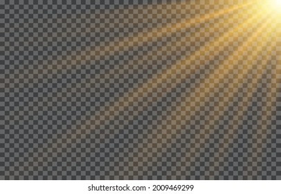 Spotlight sunlight isolated on transparent background. Yellow sun rays and glow. Glowing light burst. Flare effect decoration with ray sparkles. Horizontal stellar rays and searchlight. Vector
