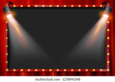 A spotlight theatre stage with coloured spotlights and red stage curtain drapes. Vector illustration