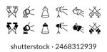 Spotlight thin line icon set. Containing light, lamp, projector, flashlight, searchlight, and floodlight for decoration of stage, studio, theatre, scene, banner. Vector illustration