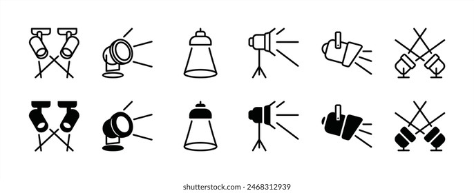 Symbolsatz für dünne Linien im Scheinwerferlicht. Enthält Licht, Lampe, Projektor, Taschenlampe, Suchscheinwerfer und Flutlicht zur Dekoration von Bühne, Studio, Theater, Szene, Banner. Vektorillustration