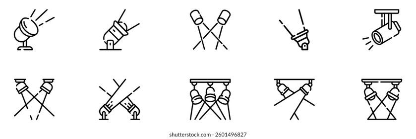 Spotlight thin line icon set. Containing light, lamp, projector, flashlight, searchlight, and floodlight for decoration of stage, studio, theatre, scene, banner. Vector illustration. EPS 10