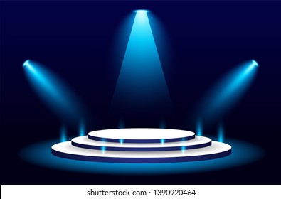 Spotlight and three floor stage blue illuminated scene.vector Illustration.