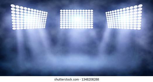 Spotlight Towers on Night Stadium in Smoke. Bright Spotlights Flash Flare in Blue Fog Vector Illustration