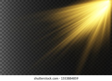 Spotlight transparent background. Golden light shines in a special way. Vector light effects sparkle on a transparent background. The bright sun reflects. The podium is illuminated by a searchlight.