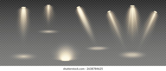 Spotlight, vector light set png, walls, studio light, different colors and shades of realistic light for design, advertising, banner, poster. 