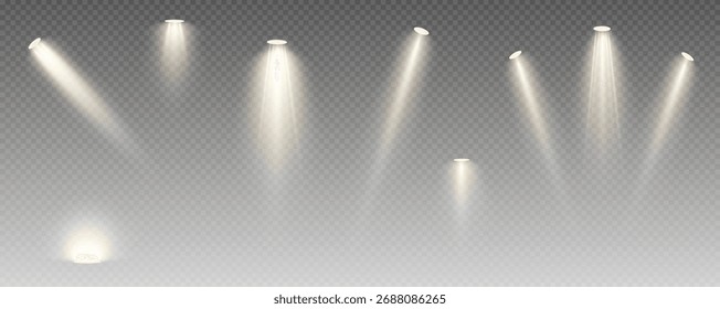 Spotlight, conjunto de luces de Vector png, paredes, luz de estudio, diferentes colores y tonos de luz realista para el diseño, publicidad, Anuncio, póster. 