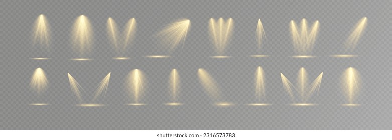 Spotlight. Vector set of light. Studio lighting. Stage spotlight. Rays of light.