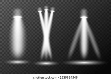 Spotlight white light effect, light from a lamp or spotlight, illuminated stage, podium in the spotlight, vector elements set