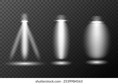 Spotlight white light effect, light from a lamp or spotlight, illuminated stage, podium in the spotlight, vector elements set