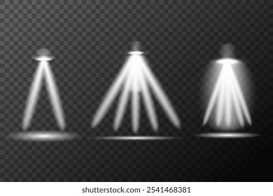 Spotlight white light effect, light from a lamp or spotlight, illuminated stage, podium in the spotlight, vector elements set