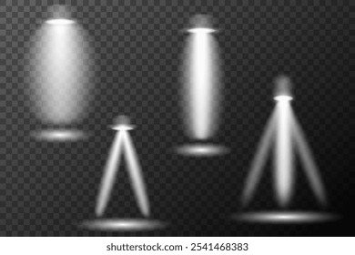 Efecto de luz blanca, luz de una lámpara o foco, escenario iluminado, podio en el foco, conjunto de Elementos de Vector