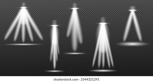 Efecto de luz blanca, luz de una lámpara o foco, escenario iluminado, podio en el foco, conjunto de Elementos de Vector
