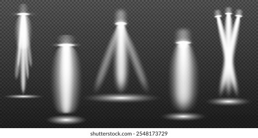 Spotlight white light effect, light from a lamp or spotlight, illuminated stage, podium in the spotlight, vector elements set