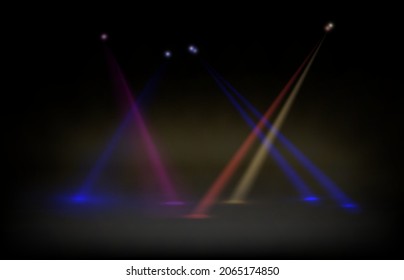Spotlights background, blue, red. stage light rays with smoke and sparkles on a black background. Vectors