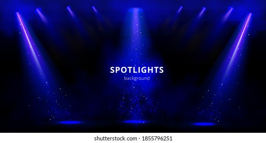 Spotlights background, blue stage light beams with smoke and sparkles on black backdrop. Glowing studio or theater empty scene with shining lamp rays for concert, show presentation Realistic 3d vector