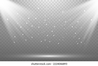 Spotlights background. White bright beams on transparent backdrop. Award ceremony concept. Glowing stage light template. Falling silver glitter and bokeh effect. Vector illustration.