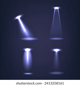 Spotlights Beams Realistic 3d Vector Set. Focus Light Highlight Specific Areas Or Objects, Creating Dramatic Effects