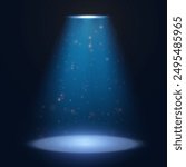 Spotlights of bright blue light with isolated place for stage and presentations. Vector glowing spotlight light effect with transparent beams and translucent smoke.