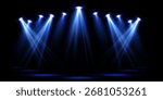 Spotlights of bright blue light with isolated place for stage and presentations. Vector glowing spotlight light effect with transparent beams. 