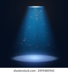 Spotlights of bright blue light with isolated place for stage and presentations. Vector glowing spotlight light effect with transparent beams and translucent smoke.