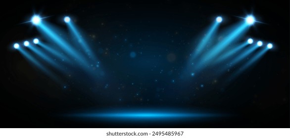 Spotlights of bright blue light with isolated place for stage and presentations. Vector glowing spotlight light effect with transparent beams and translucent smoke.