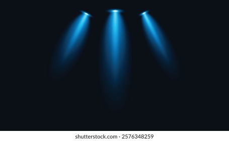 Spotlights of bright blue light with isolated places for stage and presentations. Vector glowing spotlight light effect with trans