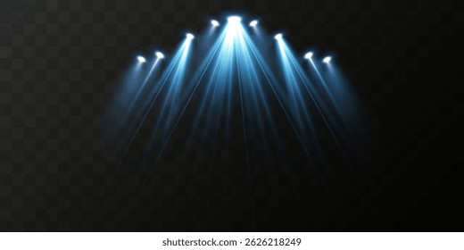 Destaques de luz azul brilhante com local isolado para palco e apresentações. Efeito de luz de spot brilhante do vetor com feixes transparentes. 