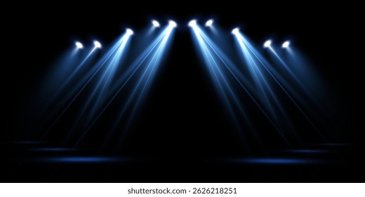 Destaques de luz azul brilhante com local isolado para palco e apresentações. Efeito de luz de spot brilhante do vetor com feixes transparentes. 