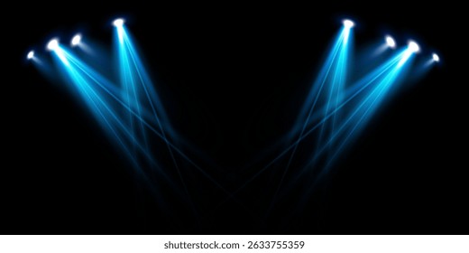 Spotlights of bright blue light with isolated place for stage and presentations. Vector glowing spotlight light effect with transparent beams. 
