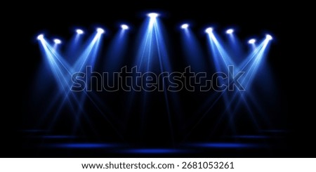 Spotlights of bright blue light with isolated place for stage and presentations. Vector glowing spotlight light effect with transparent beams. 