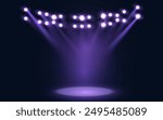 Spotlights of bright light with isolated place for stage and presentations. Vector glowing spotlight light effect with transparent beams and translucent smoke.