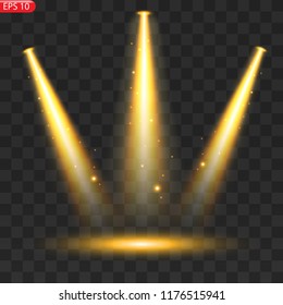 Spotlights with bright lights on transparent background.