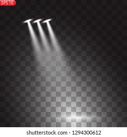 Spotlights with bright lights on transparent background.