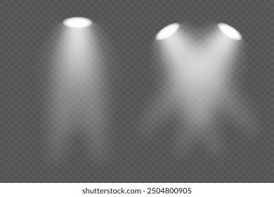 Scheinwerfer mit hellweißem Licht. Sammlung von Bühnenbeleuchtung. Vektorgrafik.
