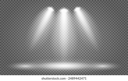Spotlights with bright white light illuminating the stage on a transparent background. The effect of illumination from the projector. Vector illustration.