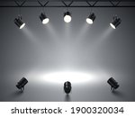 Spotlights with bright white light shining stage. Illuminated effect projector. Illustration of projector for studio. Vector illustration