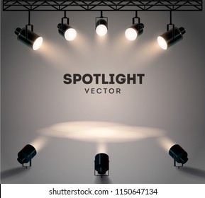 Spotlights with bright white light shining stage vector set. Illuminated effect form projector, illustration of projector for studio illumination eps 10
