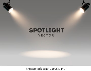 Spotlights with bright white light shining stage vector set. Illuminated effect form projector, illustration of projector for studio illumination eps 10