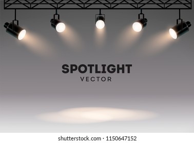 Spotlights with bright white light shining stage vector set. Illuminated effect form projector, illustration of projector for studio illumination eps 10