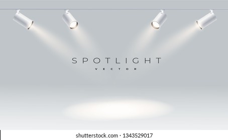 Spotlights with bright white light shining stage vector set. Illuminated effect form projector, illustration of projector for studio illumination eps 10