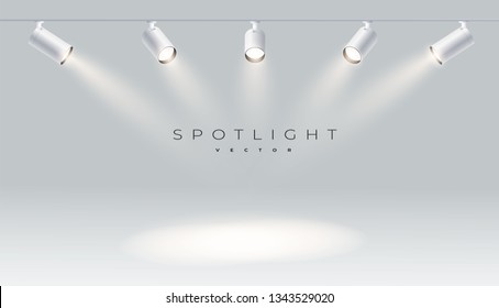 Spotlights with bright white light shining stage vector set. Illuminated effect form projector, illustration of projector for studio illumination eps 10