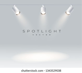 Spotlights with bright white light shining stage vector set. Illuminated effect form projector, illustration of projector for studio illumination eps 10